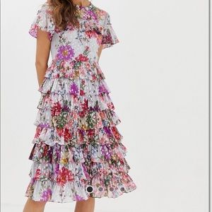Needle & Thread ruffle midi dress
allover floral print dusk blue multi size 0